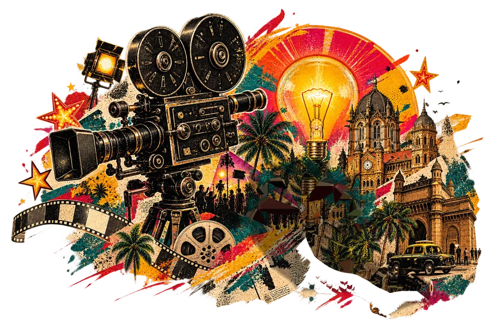 Collage: a vintage film camera and reel, a lit bulb, Mumbai's Chhatrapati Shivaji Terminus and the Gateway of India with a black-and-yellow taxi, and a hand offering a pink lotus.